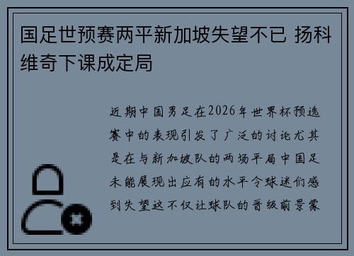 国足世预赛两平新加坡失望不已 扬科维奇下课成定局 国足世预赛两平新加坡失望不已 扬科维奇下课成定局