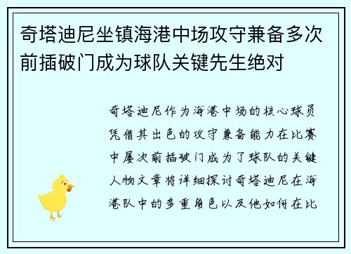 奇塔迪尼坐镇海港中场攻守兼备多次前插破门成为球队关键先生绝对 奇塔迪尼坐镇海港中场攻守兼备多次前插破门成为球队关键先生绝对
